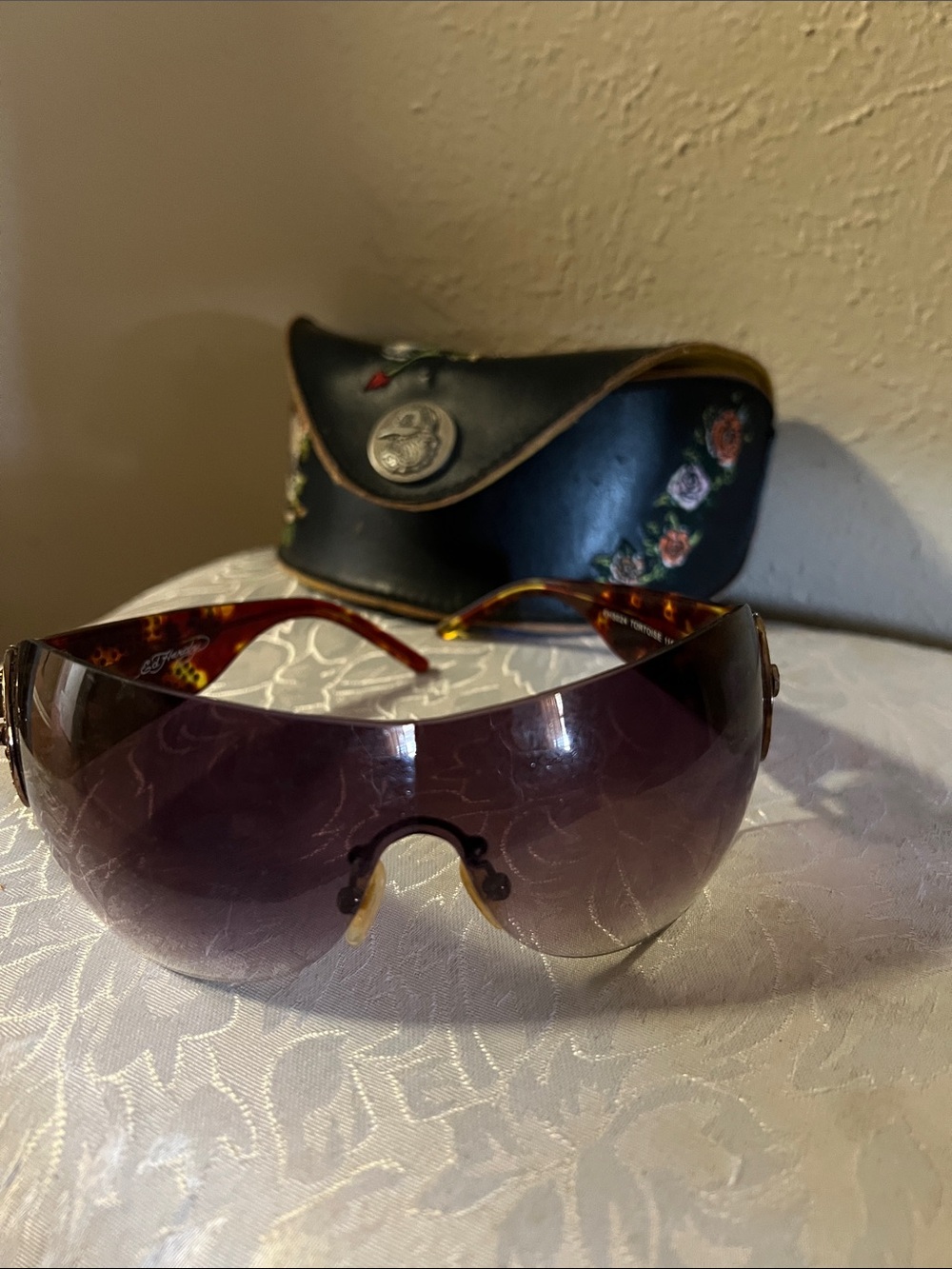 Ed Hardy Purple Shield Sunglasses with Tortoiseshell Temples - Picture 2 of 4